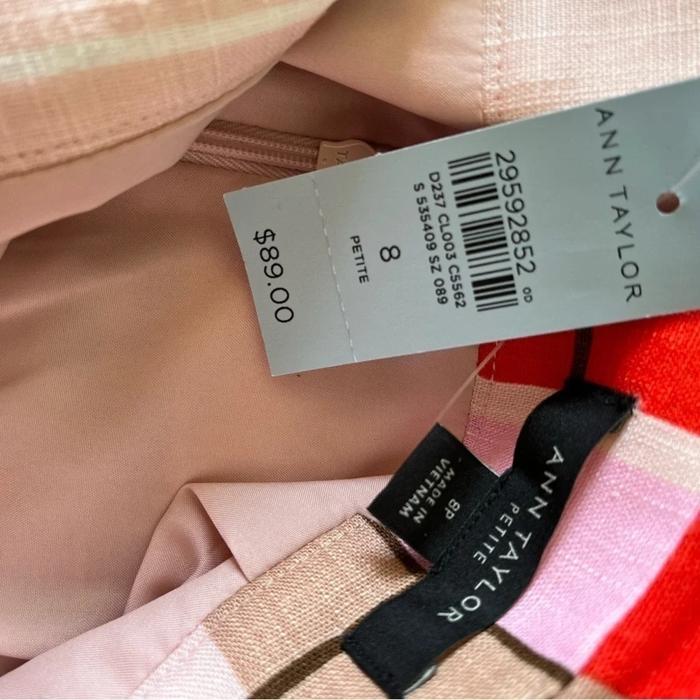 Ann Taylor Linen Blend Multi Colored Plaid Skirt Bow Belted Women’s 8P Pink Tan